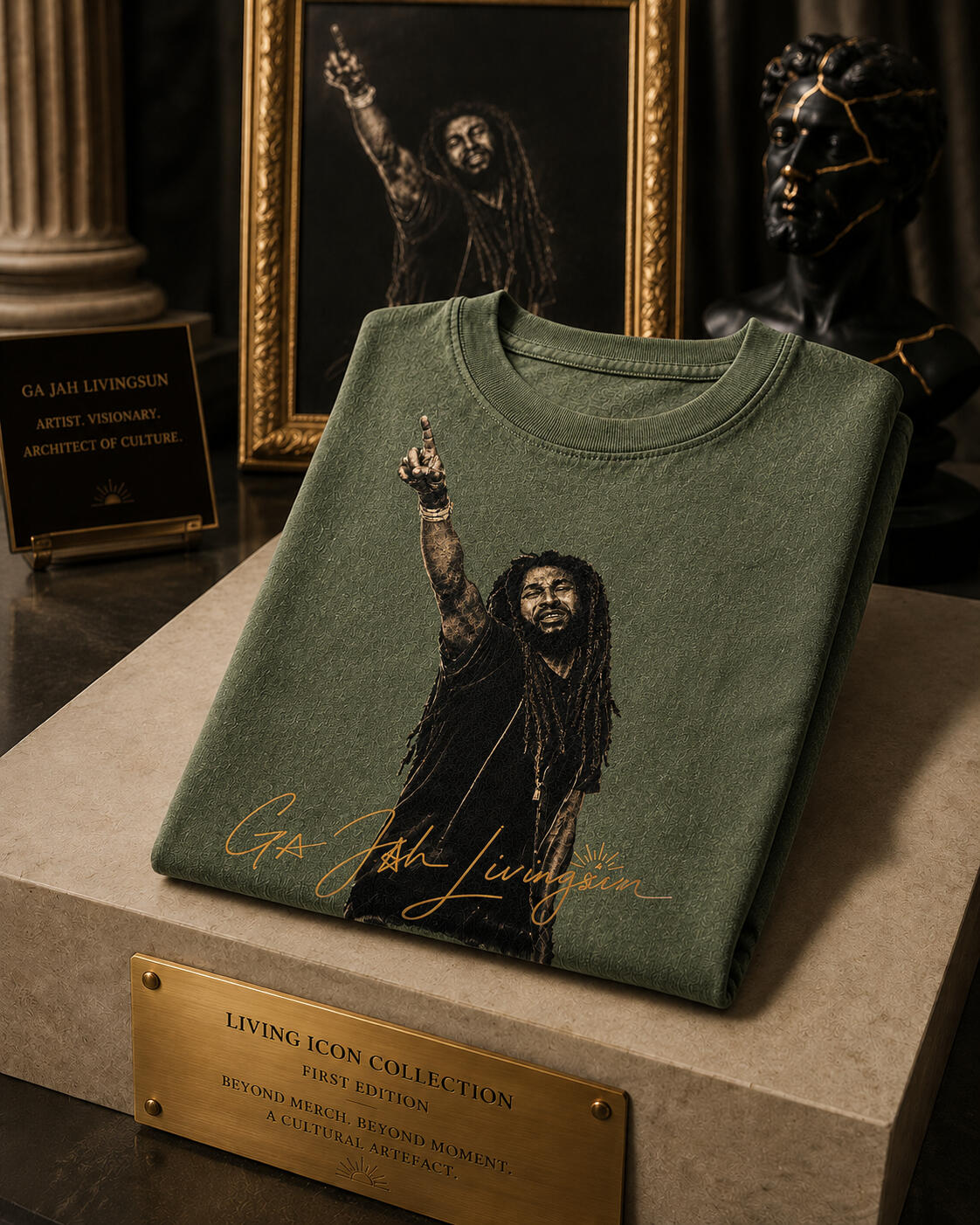 Folded purple Living Icon heavyweight tee with archival hang tag and cream museum-style packaging.