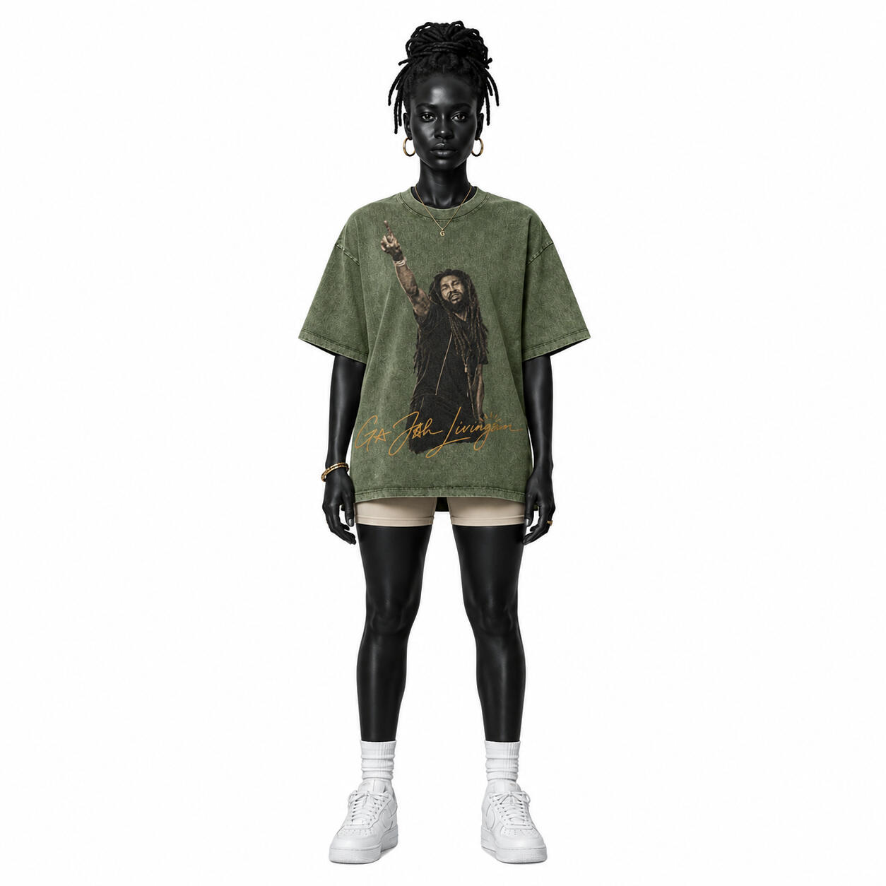 Purple Living Icon oversized tee worn by the approved matte-black female mannequin, front view.