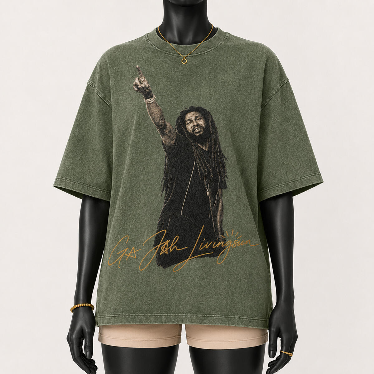 Rifle Green Living Icon oversized tee worn by the approved matte-black female mannequin, front view.